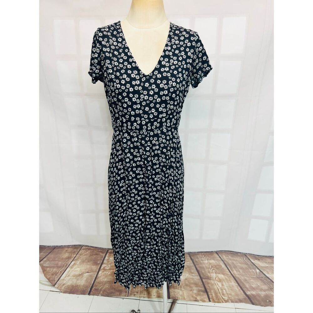 GAP Black White Floral V-Neck Cap Sleeve Midi Fit & Flare Sundress Sz 10 Petite